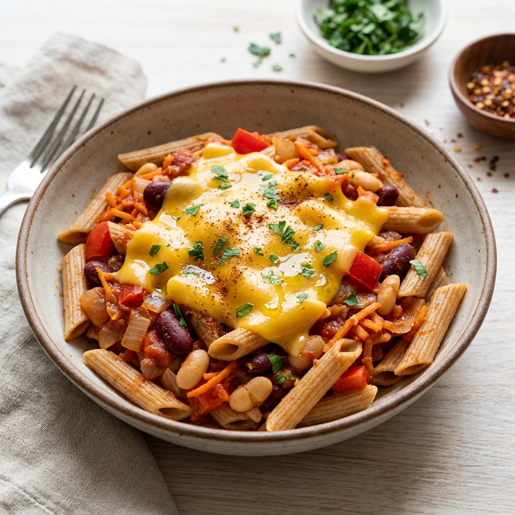 Penne z Fasolą, Warzywami i Cheddarem