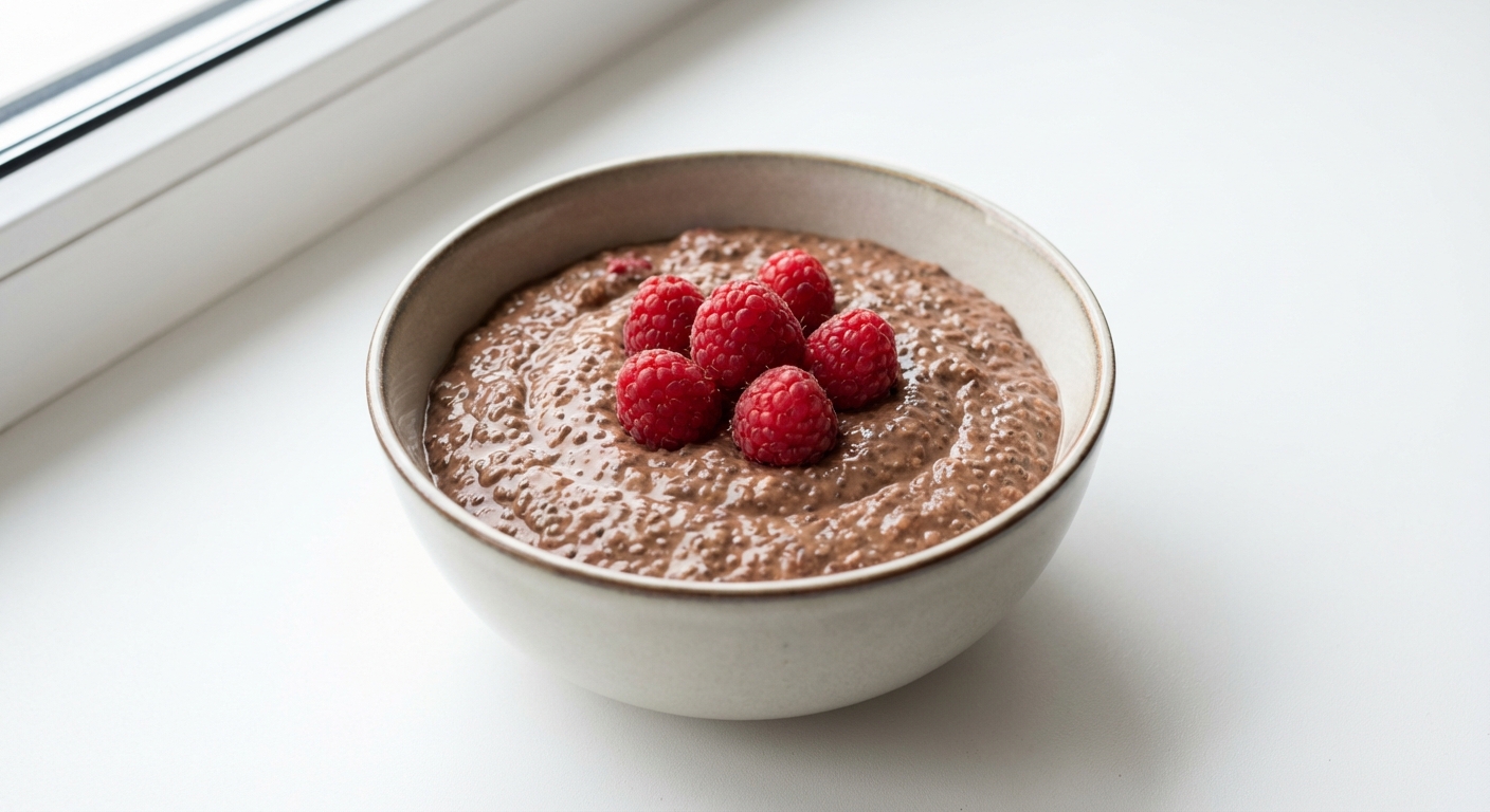 Czekoladowy Pudding Chia z Tofu i Malinami