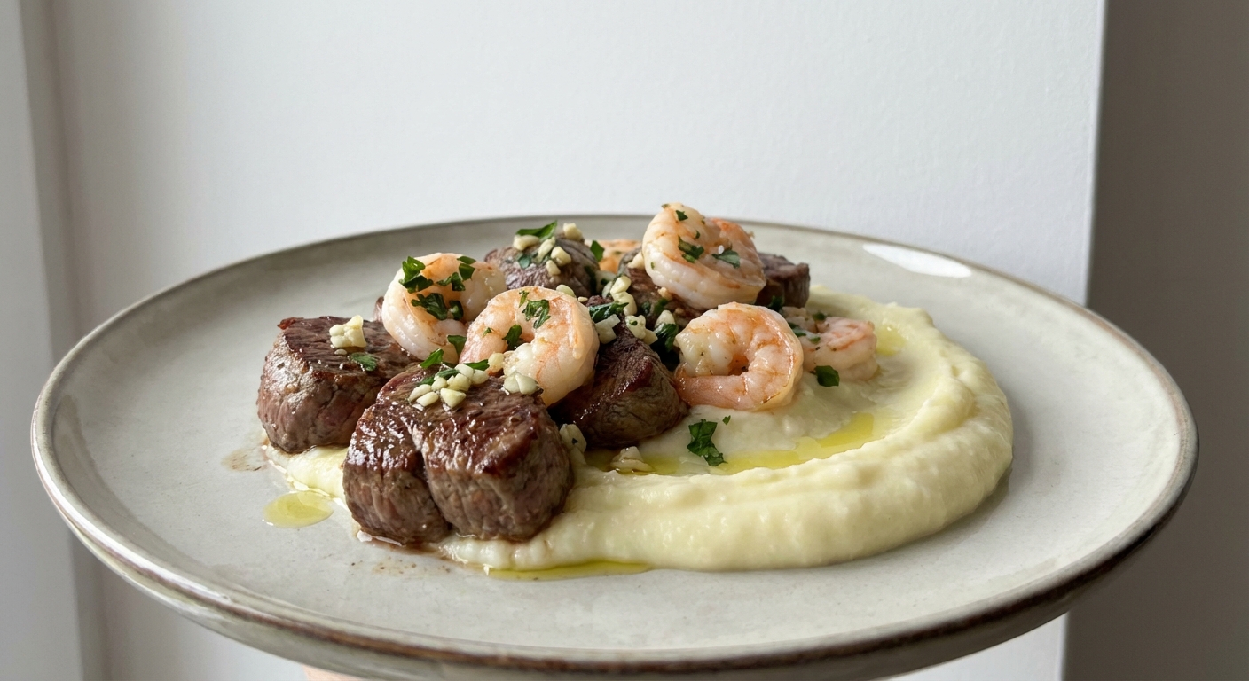 Polędwica z puree i krewetkami
