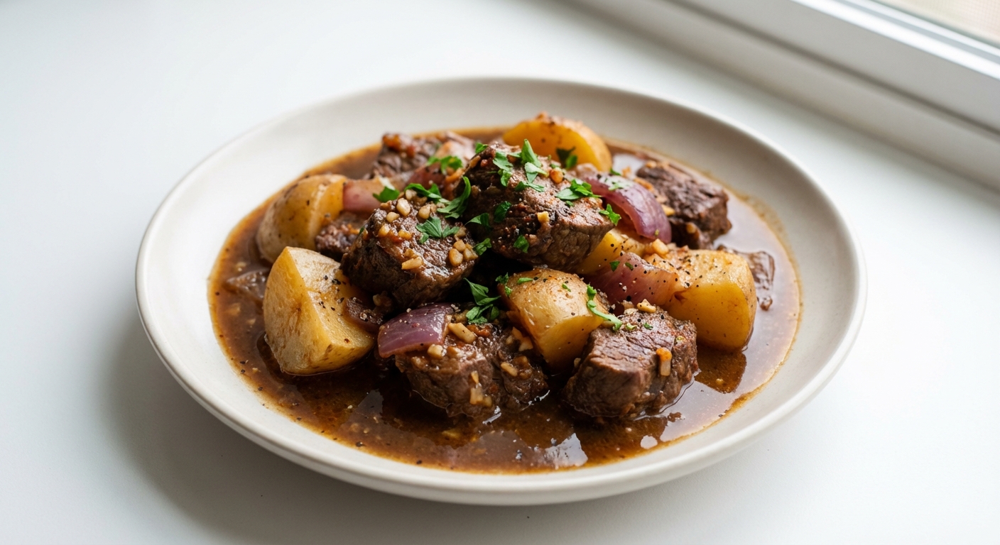 Wolno Gotowana Wołowina z Ziemniakami i Czosnkiem