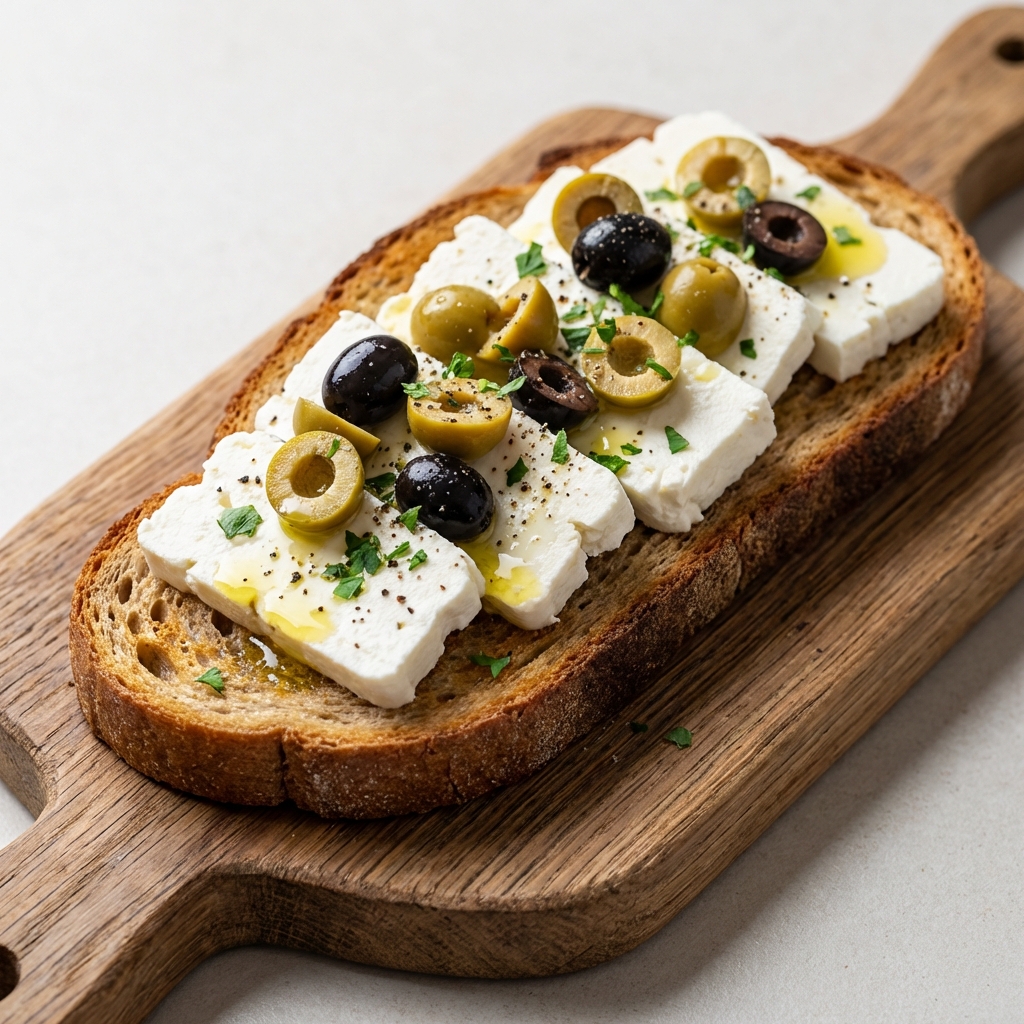 Żytnia kanapka z twarogiem i oliwkami