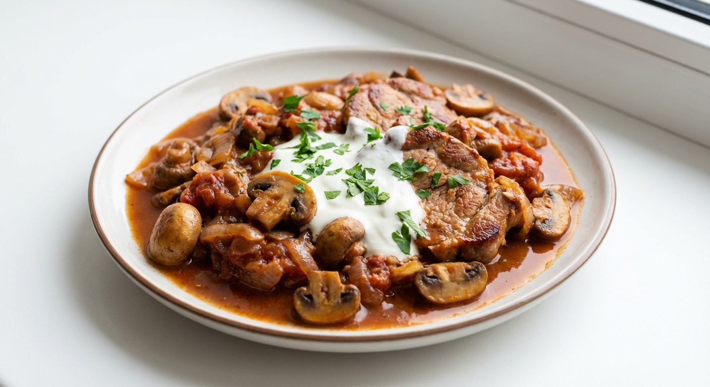 Łopatka w Sosie Grzybowo-Pomidorowym z Jogurtem