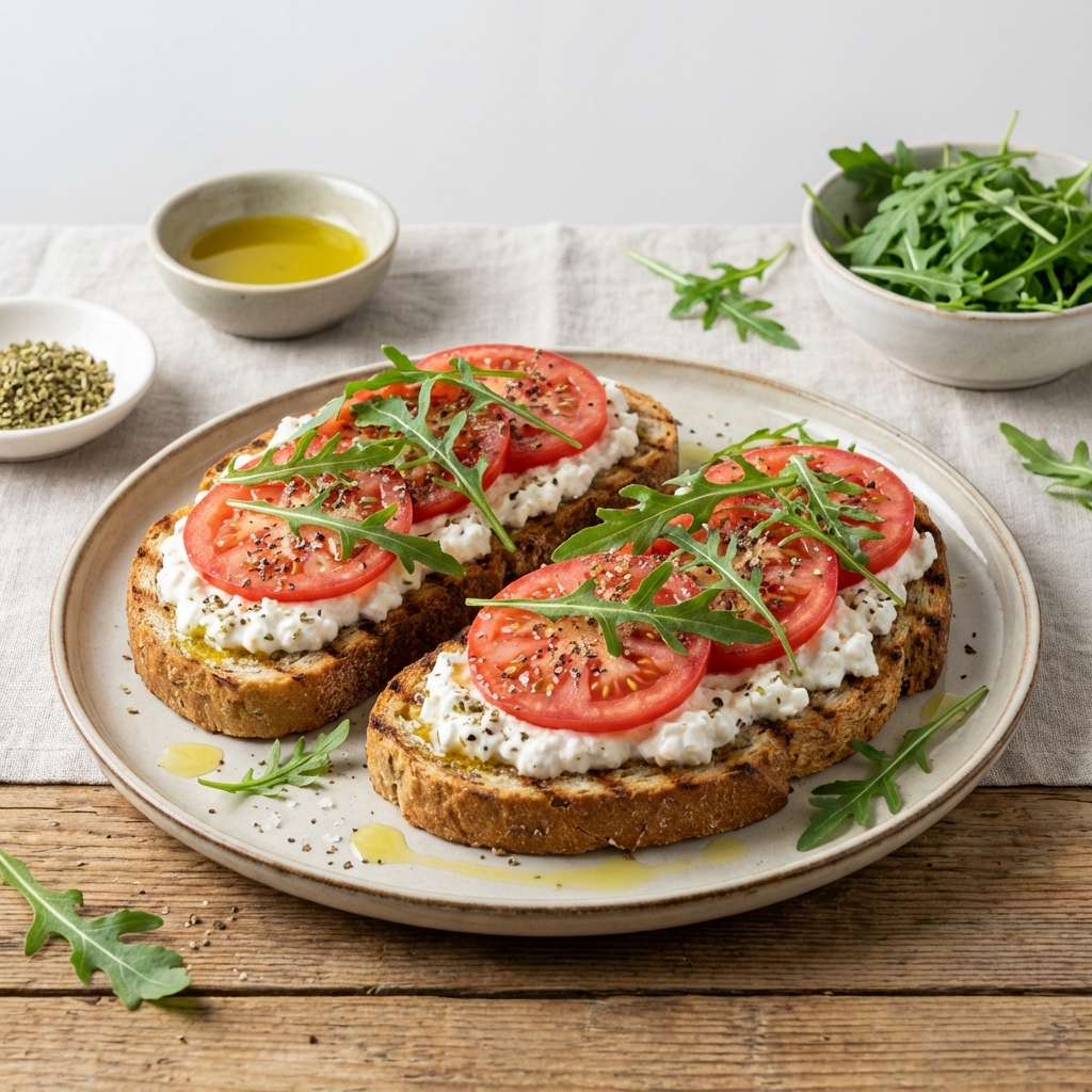 Razowe Tosty z Serkiem, Pomidorem i Rukolą