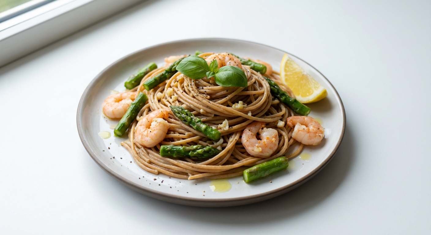 Spaghetti razowe z krewetkami i szparagami