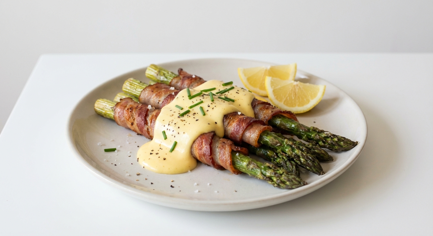 Szparagi w boczku z sosem holenderskim