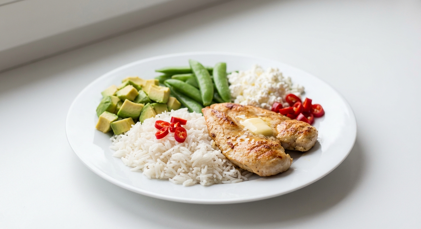 Ryż z kurczakiem, awokado i twarogiem