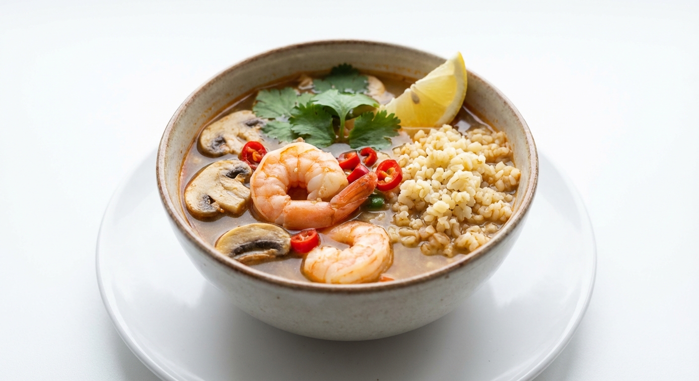 Krewetki Tom Yum z Kaszą Bulgur