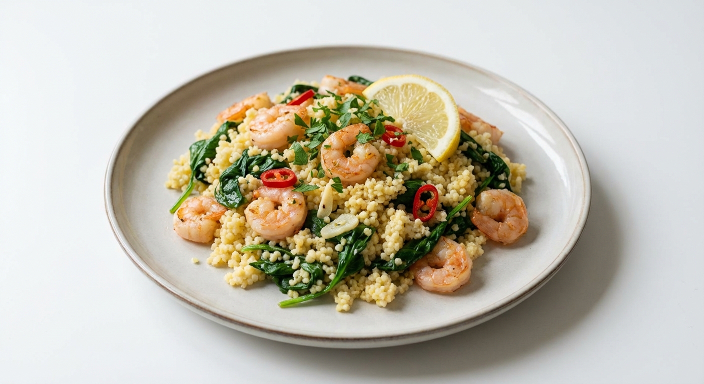 Jaglana z Krewetkami, Szpinakiem i Chili