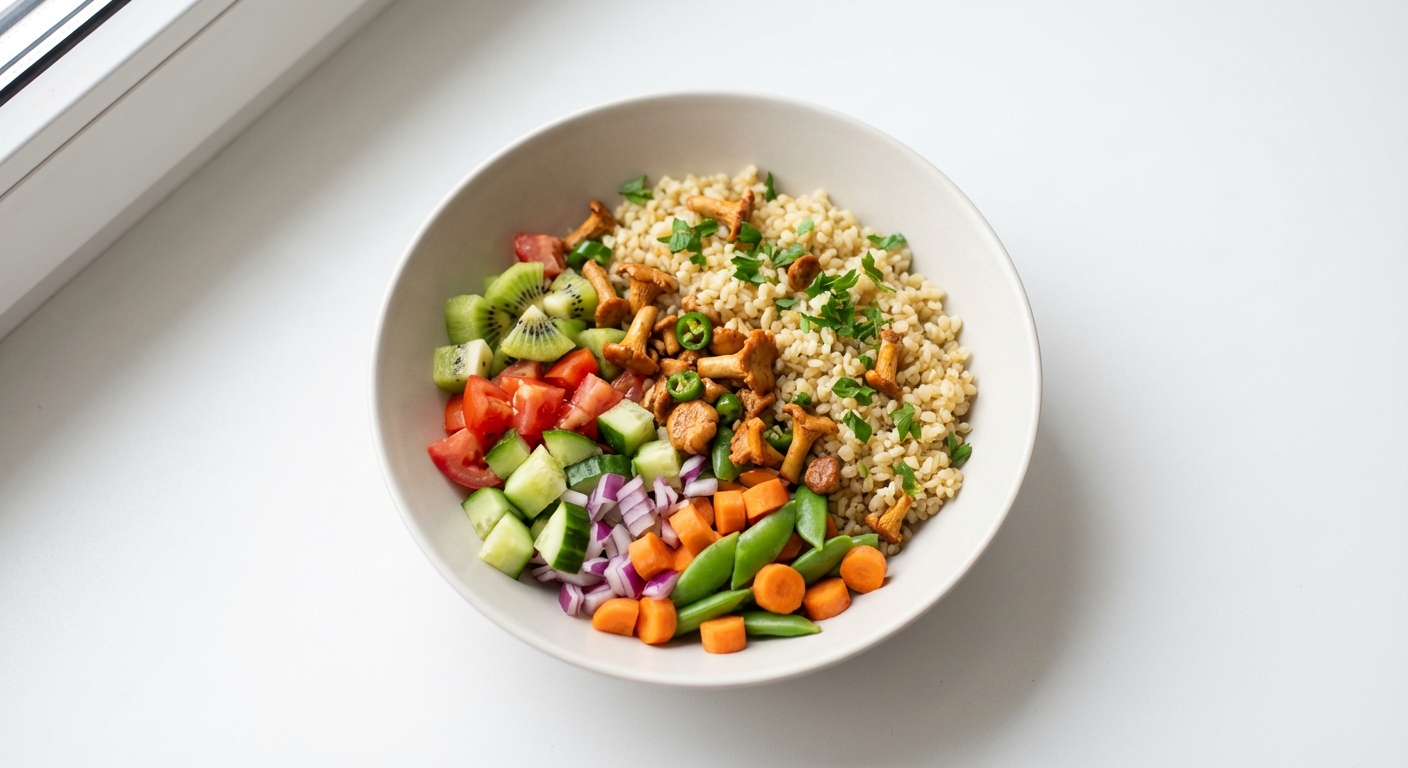 Bulgur z Kurkami, Kiwi i Warzywami