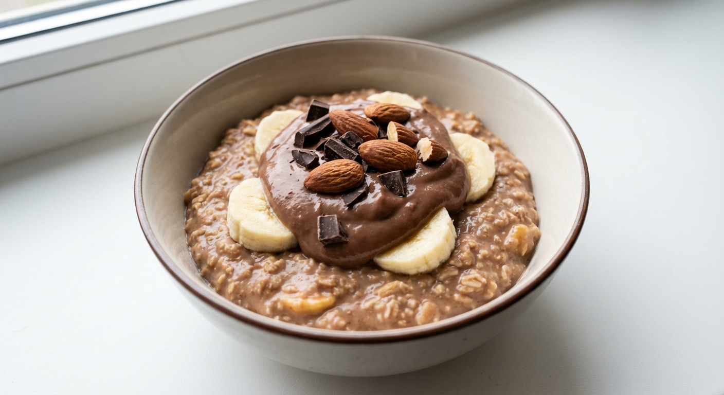 Czekoladowa owsianka z bananem i migdałami