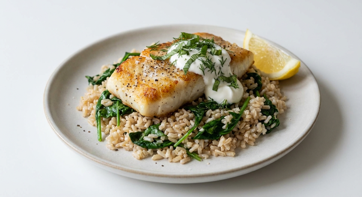 Brązowy Ryż z Dorszem i Szpinakiem