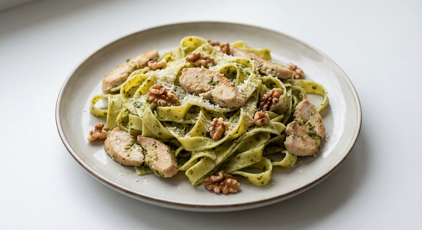 Tagliatelle z kurczakiem, pesto i orzechami