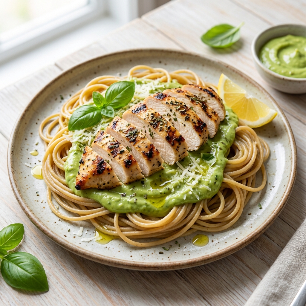 Spaghetti z kurczakiem i sosem awokado