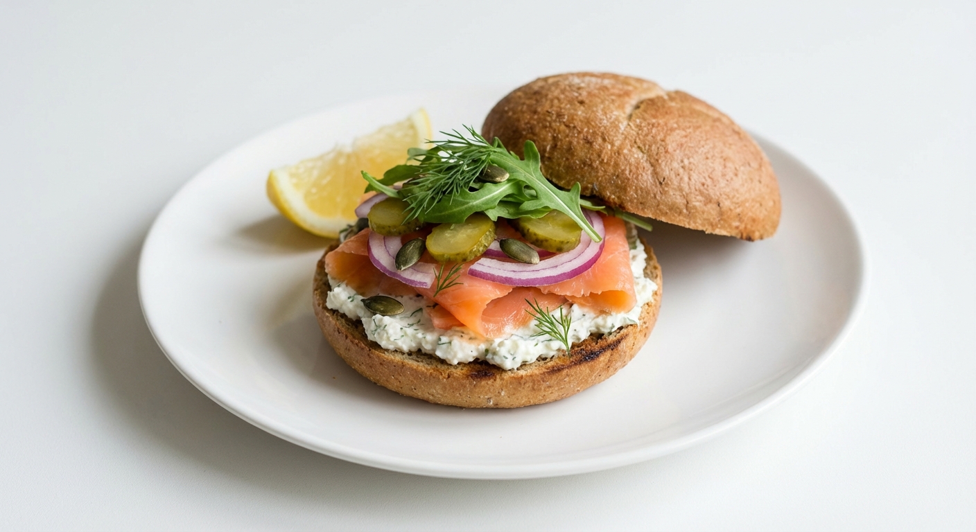 Żytnia bułka z łososiem i rukolą