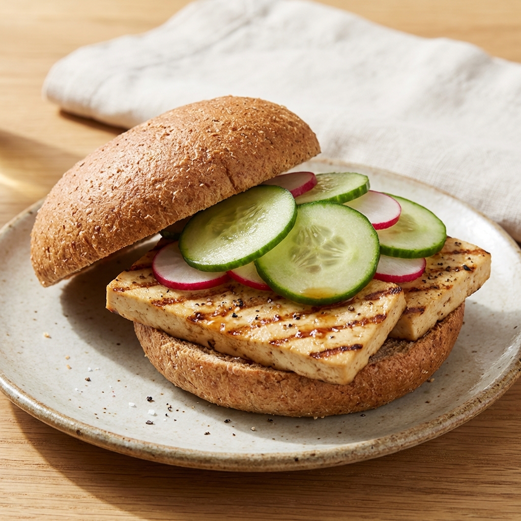 Pełnoziarnista bułka z tofu, warzywami i kolendrą