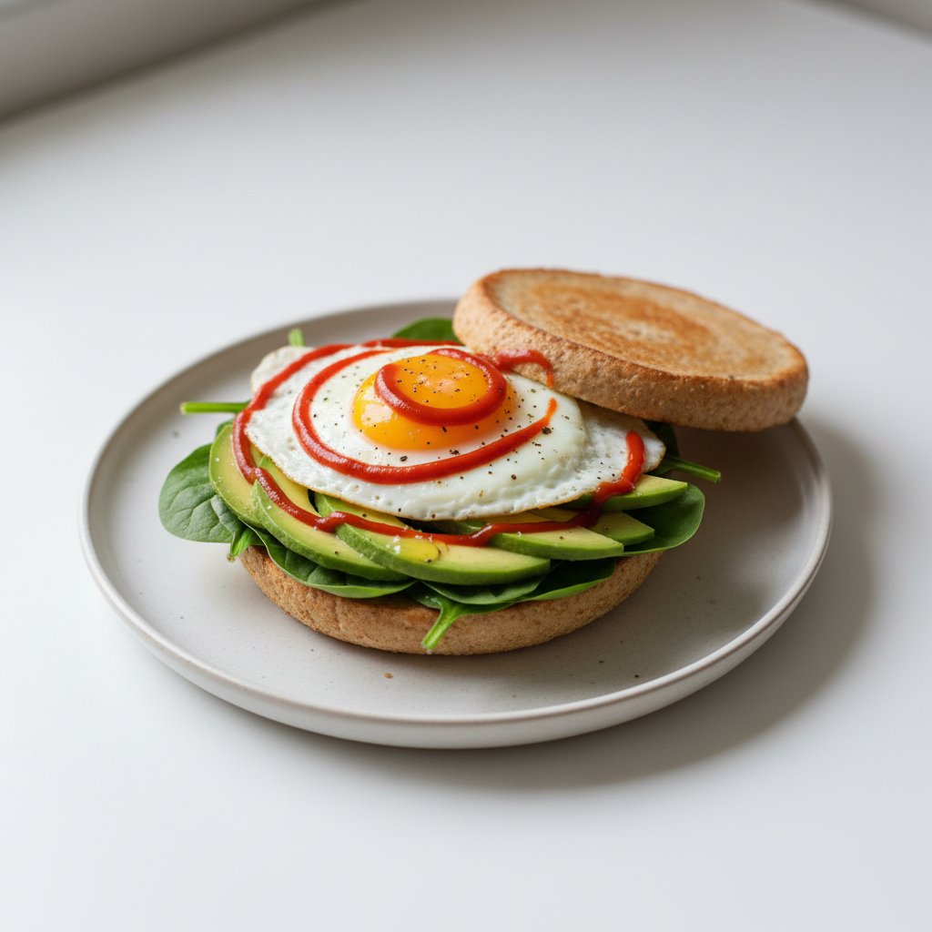 Pełnoziarnista bułka z jajkiem, awokado i srirachą