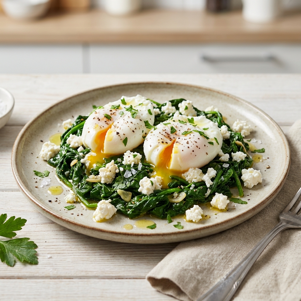 Jajka w koszulce na szpinaku z twarogiem