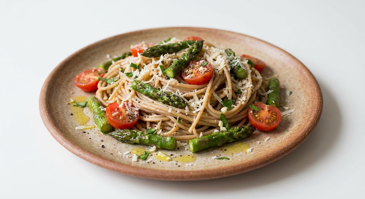 Razowe Spaghetti ze Szparagami i Pomidorami