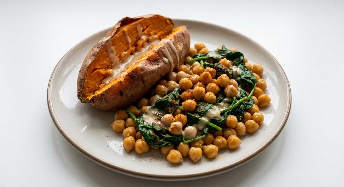 Bataty z Ciecierzycą, Szpinakiem i Tahini