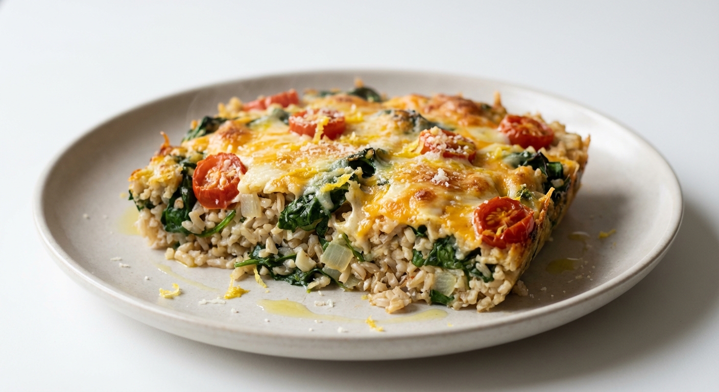 Zapiekanka z ryżu, szpinaku i sera