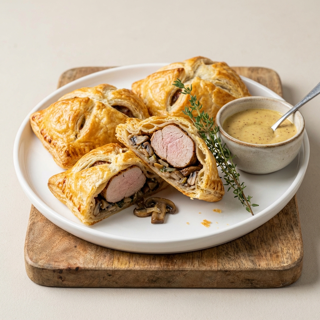 Polędwiczki w cieście francuskim z pieczarkami