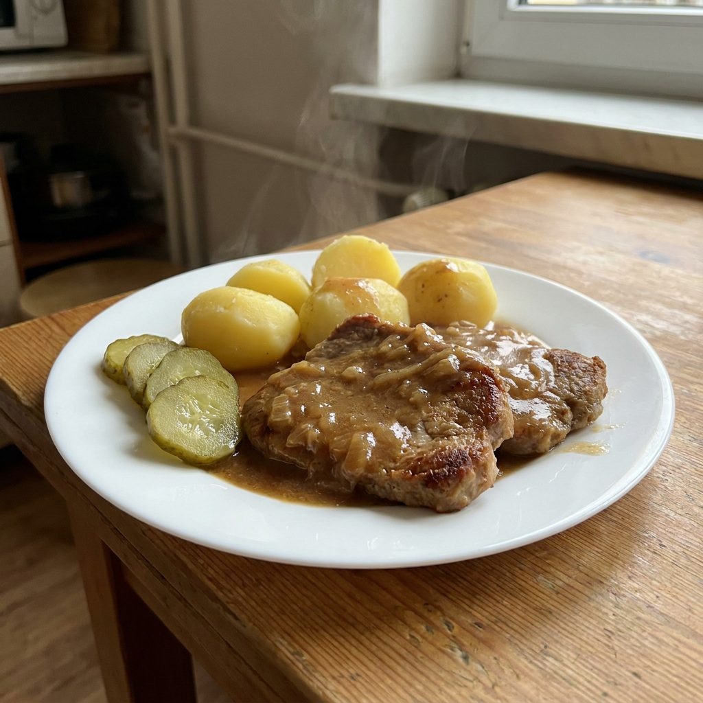 Bitki wieprzowe w sosie cebulowym z ziemniakami