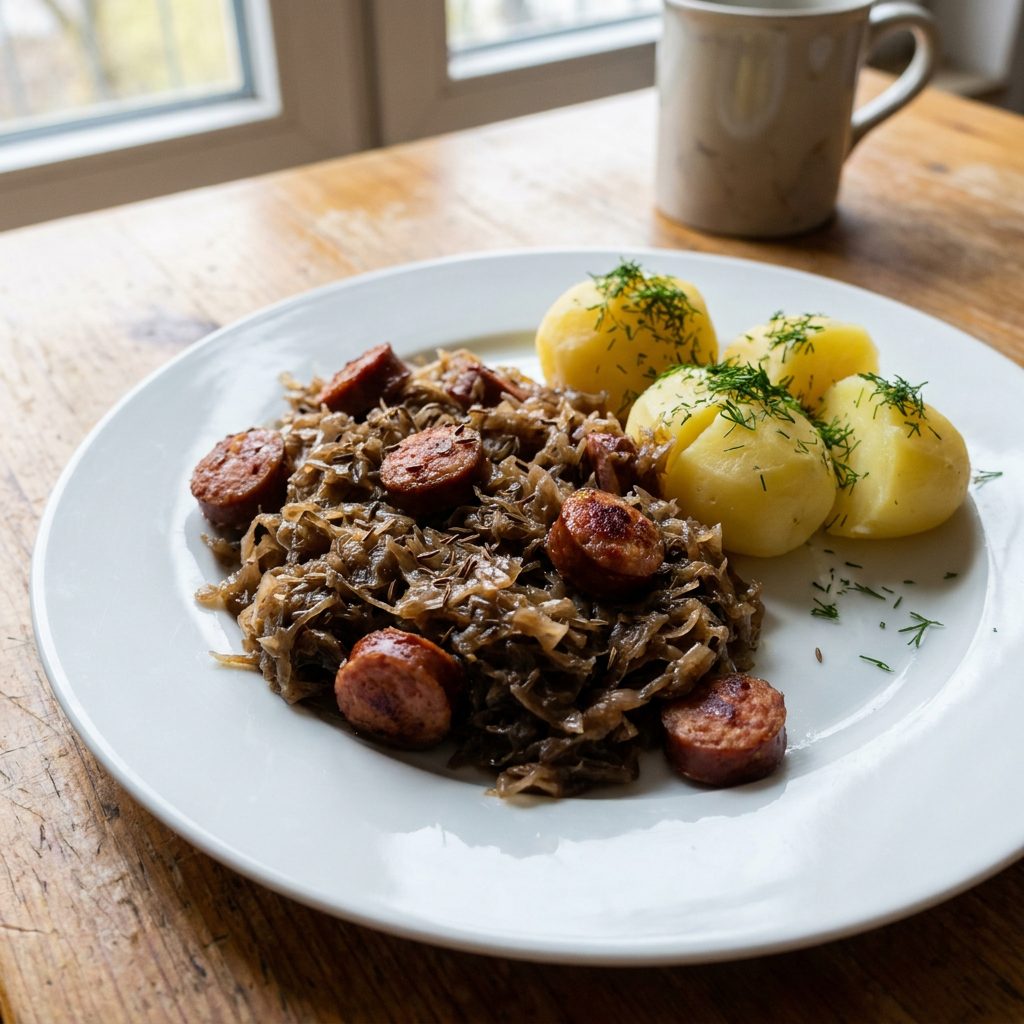 Kapusta zasmażana z kiełbasą i ziemniakami