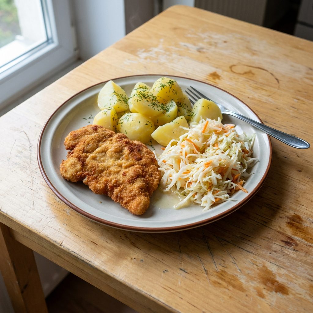 Kotlet z kurczaka w panierce z ziemniakami i surówką z białej kapusty
