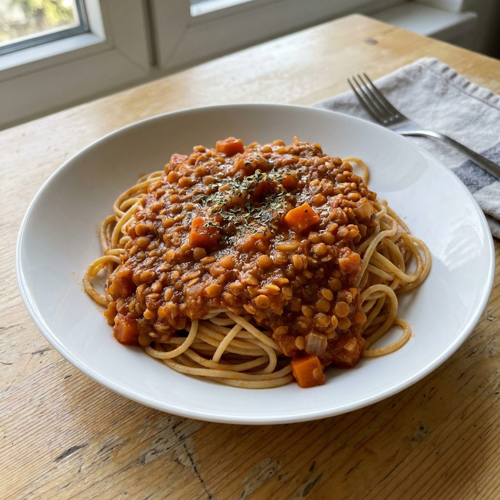 Spaghetti z czerwoną soczewicą w sosie pomidorowym