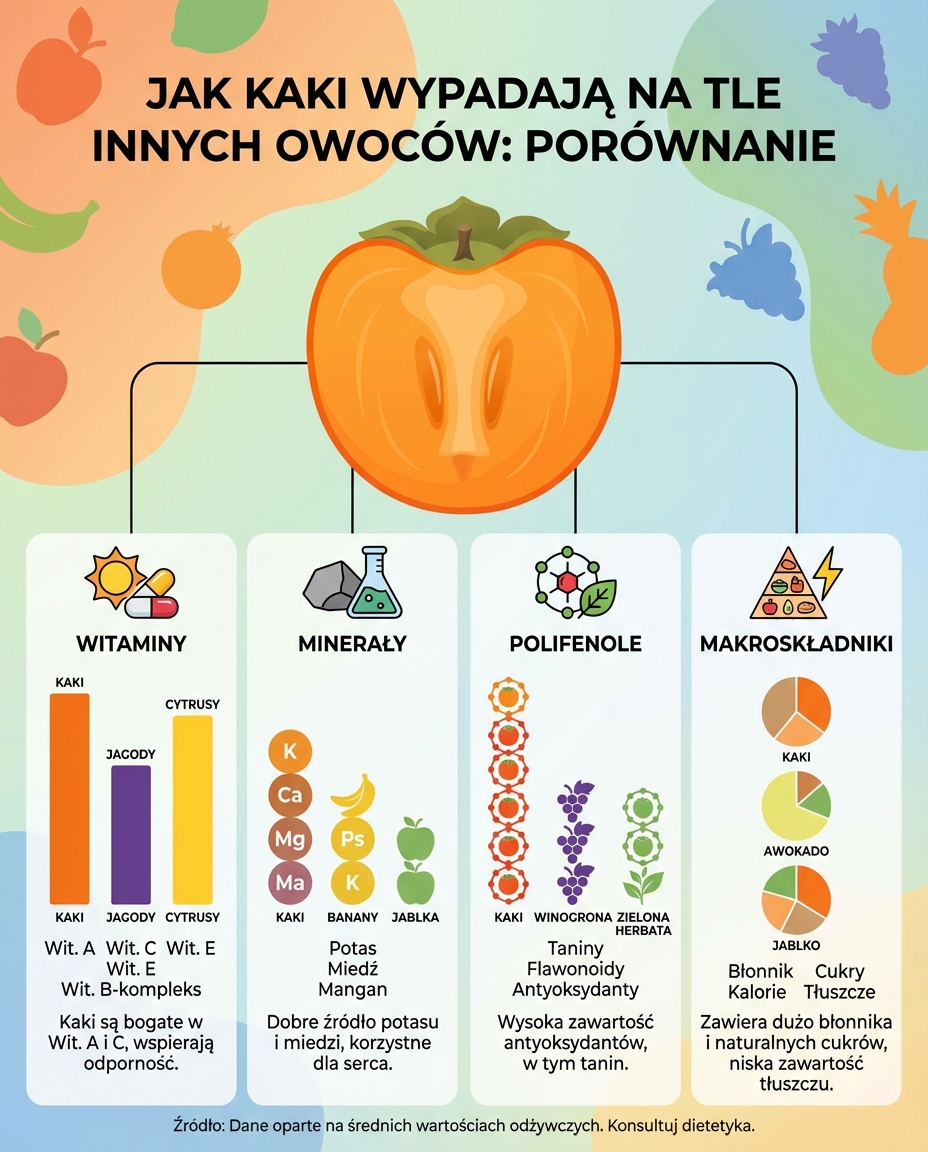 Jak kaki wypadają na tle innych owoców - porównanie witamin, minerałów, polifenoli i makroskładniki