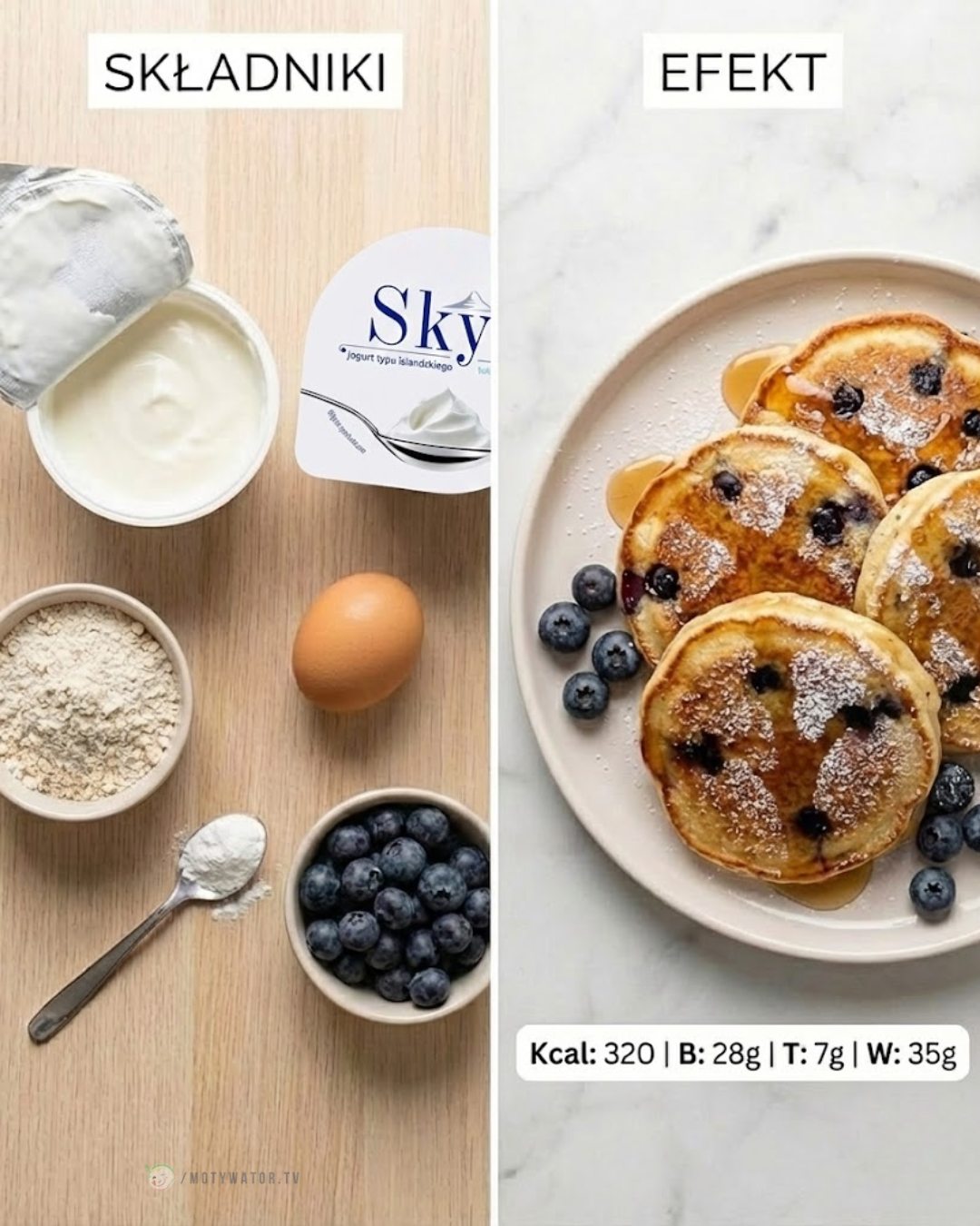 Przepis na zdrowe pancakes z jogurtem Sky i jagodami