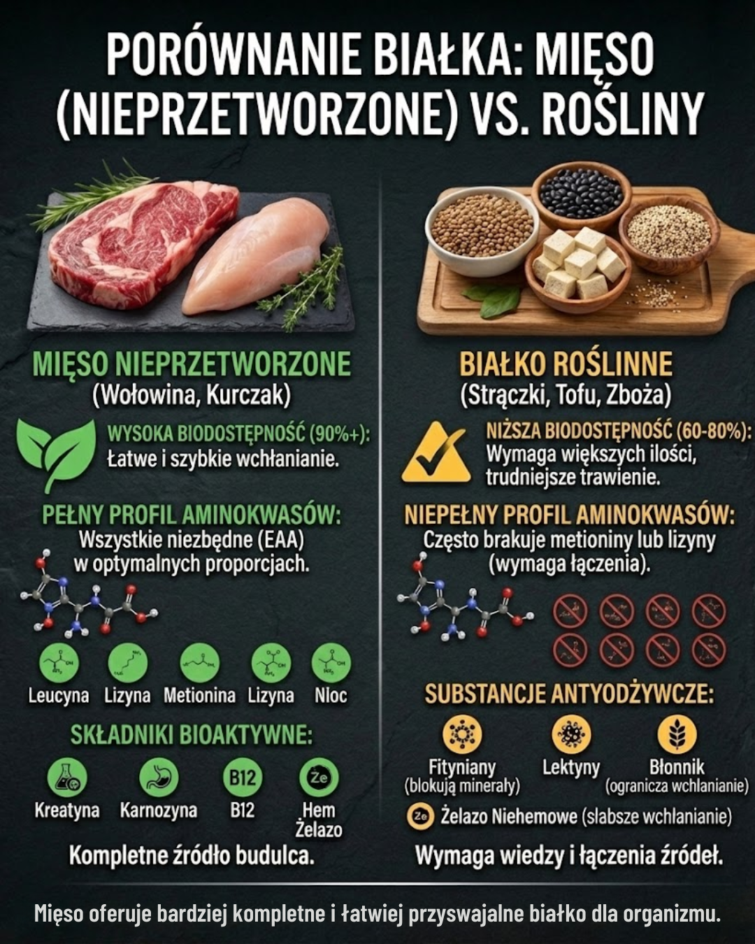 Porównanie białka: mięso (nieprzetworzone) vs. rośliny