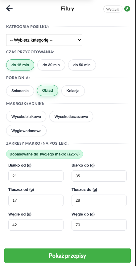 Filtrowanie przepisów